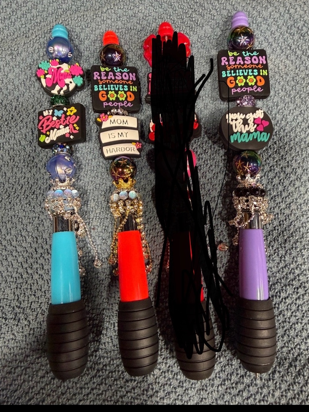 Colorful bling, bling beaded Mother’s Day beaded Pens with Charms. $5 each.
